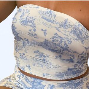 Edikted Blue and White Toile Printed Stretchy Strapless Tube Top